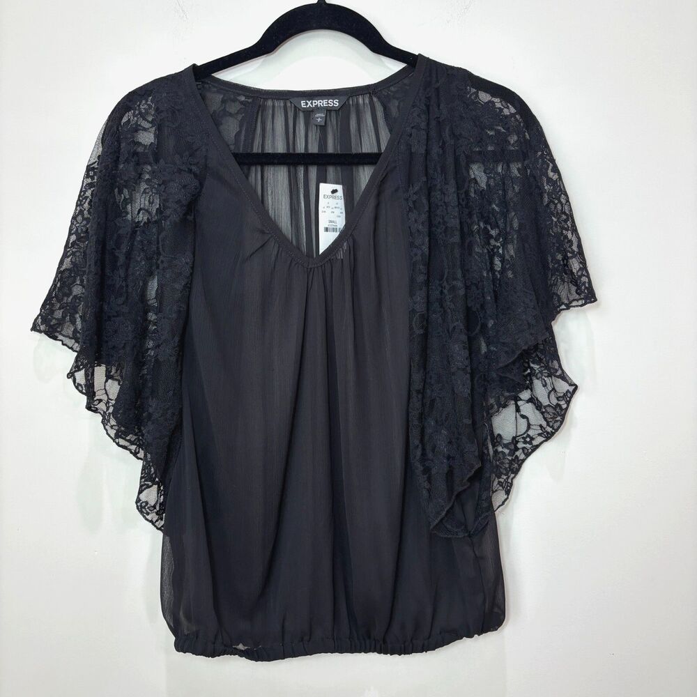 Express NWT Lacey Butterfly Sleeves Sheer Black Top S Whimsigoth Romantic Y2K